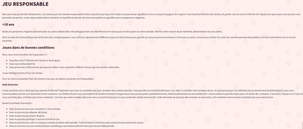 Sakura Slots Casino jeu responsable