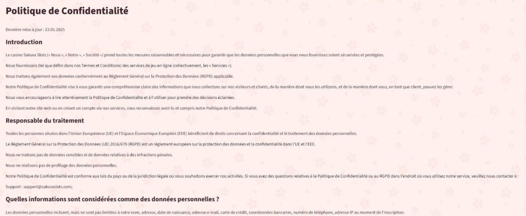 Sakura Slots Casino politique confidentialité